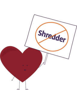 Heart Mascot Holding a No Shredder Sign