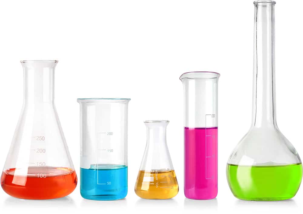Five various sizes and shapes of science beakers with colorful liquid inside on a white background