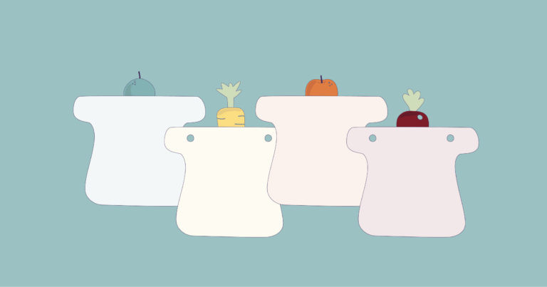Stylized Press Bags With the Logo Fruits in them on a Blue Background