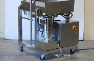 Photo of a Juiced Rite M100 Cold Press Machine. There is a label on the image pointing to the Sight Glass.