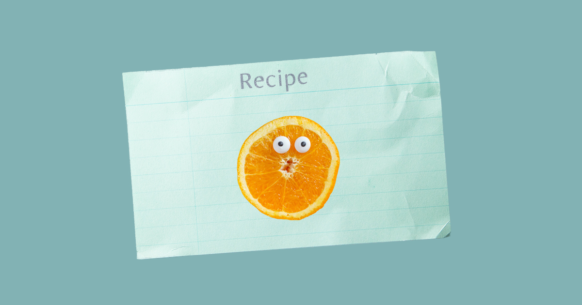 Googly Eyed Orange on a Recipe Card on Blue Background