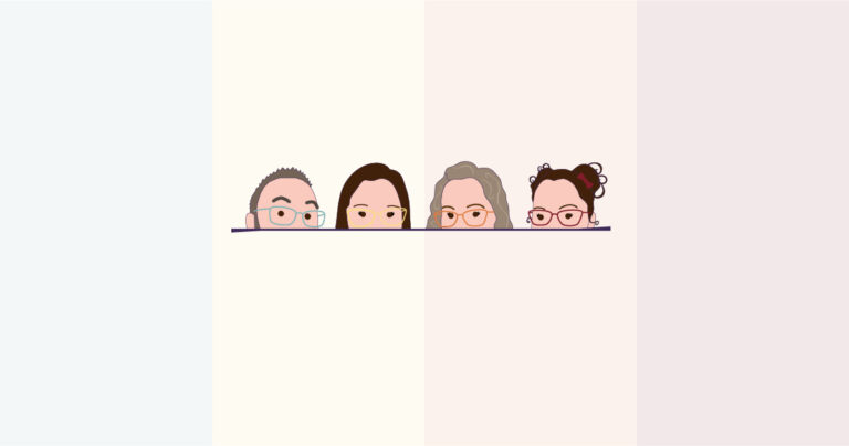 Upper half of illustrations of the Juiced Rite owners faces peaking over a line with four faded brand color bars in the background.