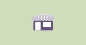 Illustrated storefront image in purple on a green background.