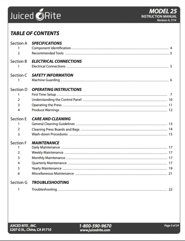 Juiced Rite Model 25 Instructional Manual Table of Content