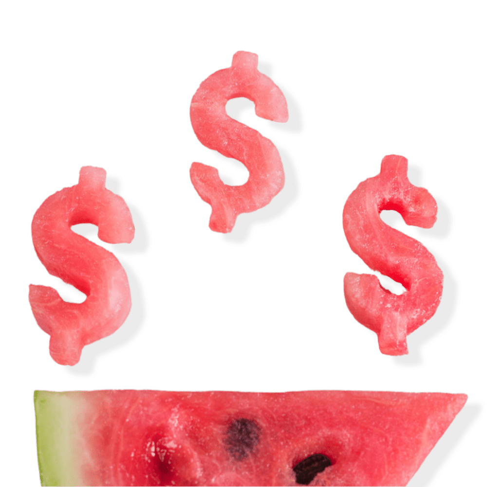Half of a triangular slice of seeded watermelon with 3 floating dollar signs on top of it made out of watermelon.