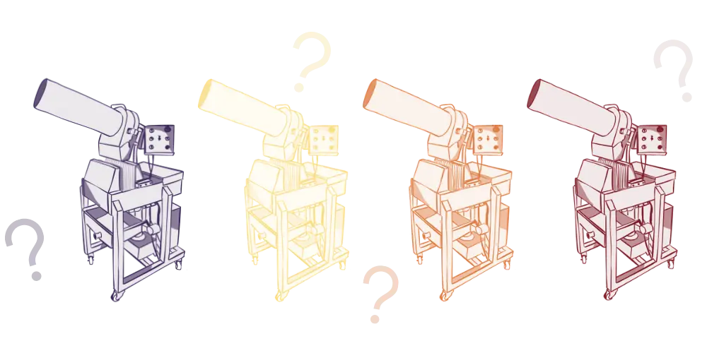 4 sketches of Juiced Rite M100 cold press juicer with question marks all around it.