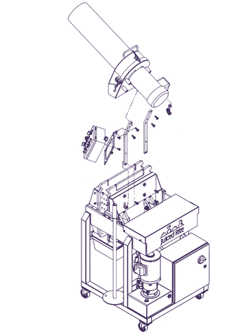 Outline of a Juiced Rite M100 juicer that's slightly disassembled with parts floating about it.