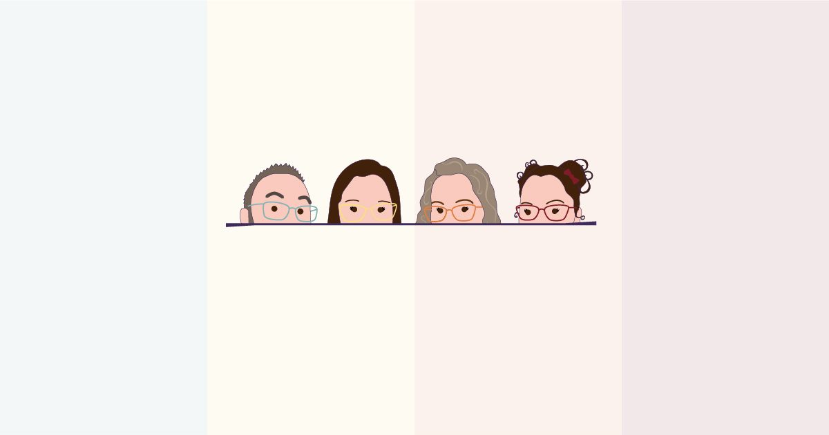 Upper half of illustrations of the Juiced Rite owners faces peaking over a line with four faded brand color bars in the background.